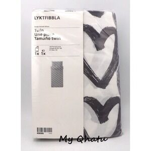 IKEA LYKTFIBBLA Twin Duvet Cover & Pillowcase Case Set Gray/White Hearts NEW